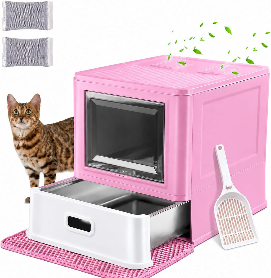 Marchul Enclosed Stainless Steel Cat Litter Box with Lid & Drawer Design for Indoor All Lifestyles Cats, Metal Covered Cat Litter Box, Baffles for Anti-Leakag, with Litter Scoop & Litter Mat（Pink）