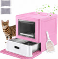 Marchul Enclosed Stainless Steel Cat Litter Box with Lid & Drawer Design for Indoor All Lifestyles Cats, Metal Covered Cat Litter Box, Baffles for Anti-Leakag, with Litter Scoop & Litter Mat（Pink）