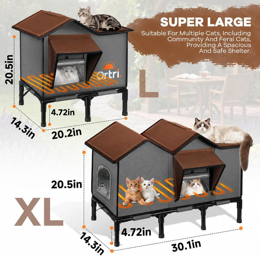 Outdoor Heated Cat House for Outside: Winter Insulated Weatherproof 30"×14"×20" Shelter with Extra Large Elevated Warm Heater and Waterproof Heating Bed for Multiple Feral Kitties Small Pets for Barn