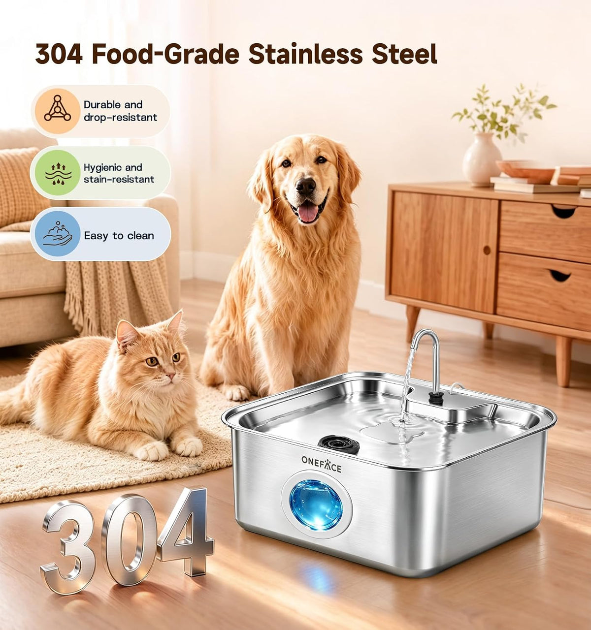 ONEFACE 4.5Gal Dog Water Fountain, 304 Stainless Steel, Quiet Large Dogs