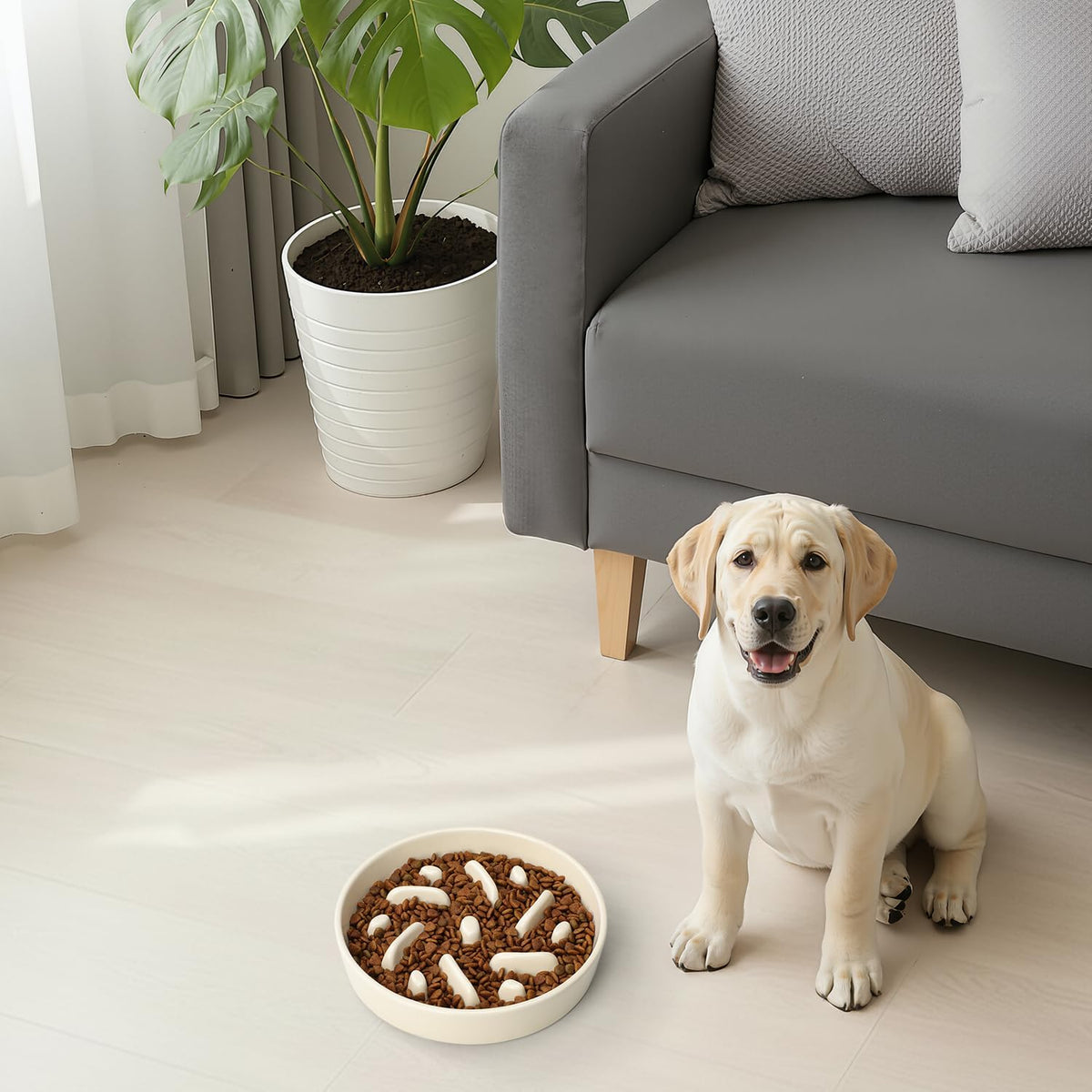 Ceramic Slow Feeder Dog Bowl, 2 Cups Maze Puzzle Dish to Slow Down Eating