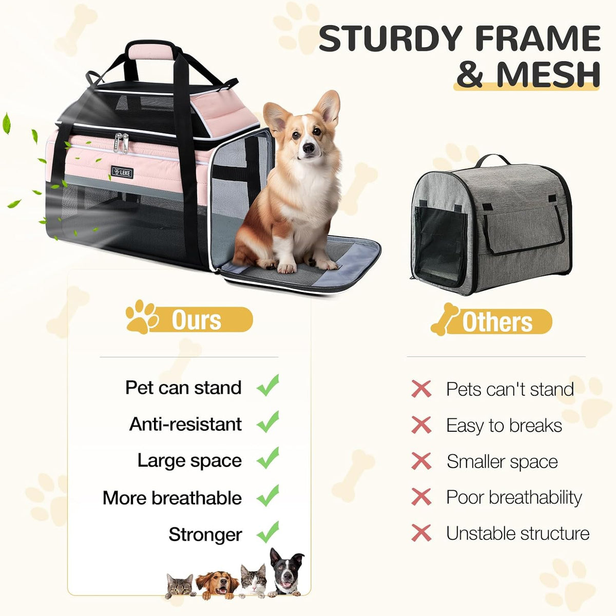 Lekereise Top-Expandable Pet Carrier 17x11x9.5 Inch Alaska Hawaiian Airline Approved Soft Sided Underseat with Locking Safety Zippers Anti-Scratch Mesh