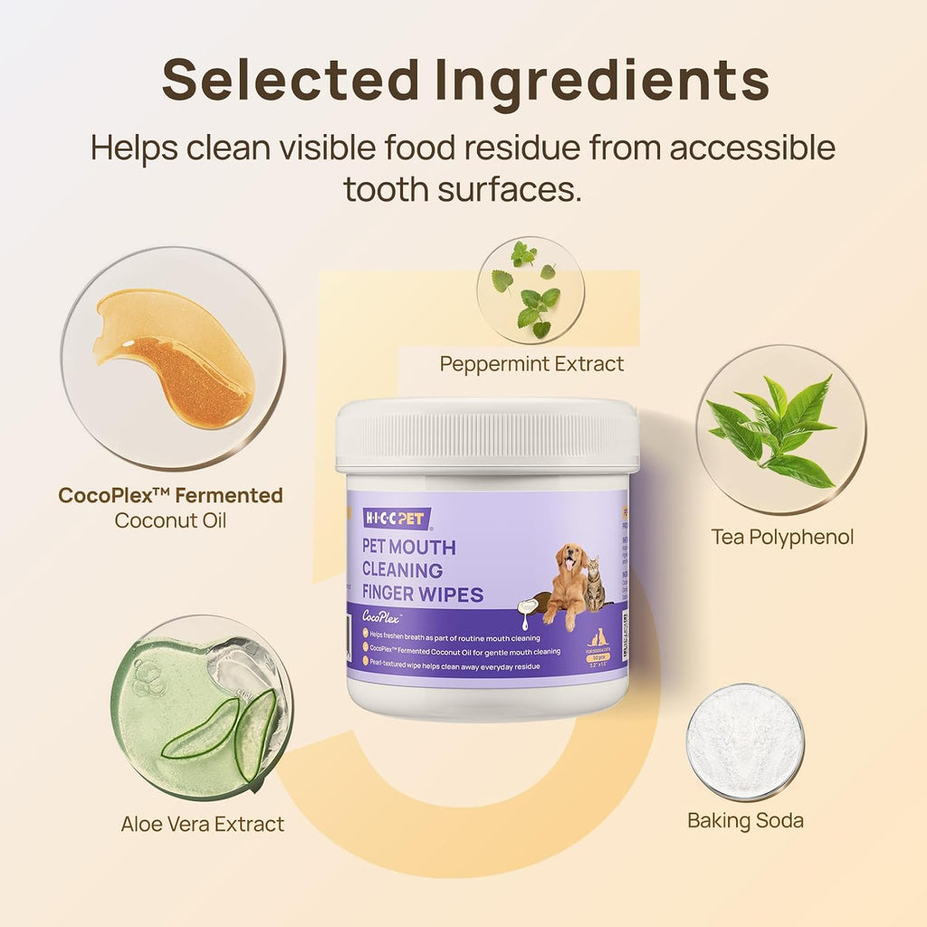 HICC PET Mouth Cleaning Finger Wipes for Dogs & Cats, 50 Count
