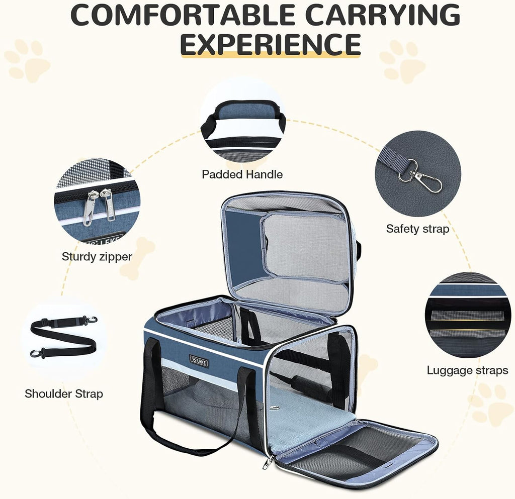 Lekereise Top-Expandable Pet Carrier 17x11x9.5 Inch Alaska Hawaiian Airline Approved Soft Sided Underseat to 12lbs Travel Carriers for Small Dogs and Cats with Locking Safety Zippers Anti-Scratch Mesh