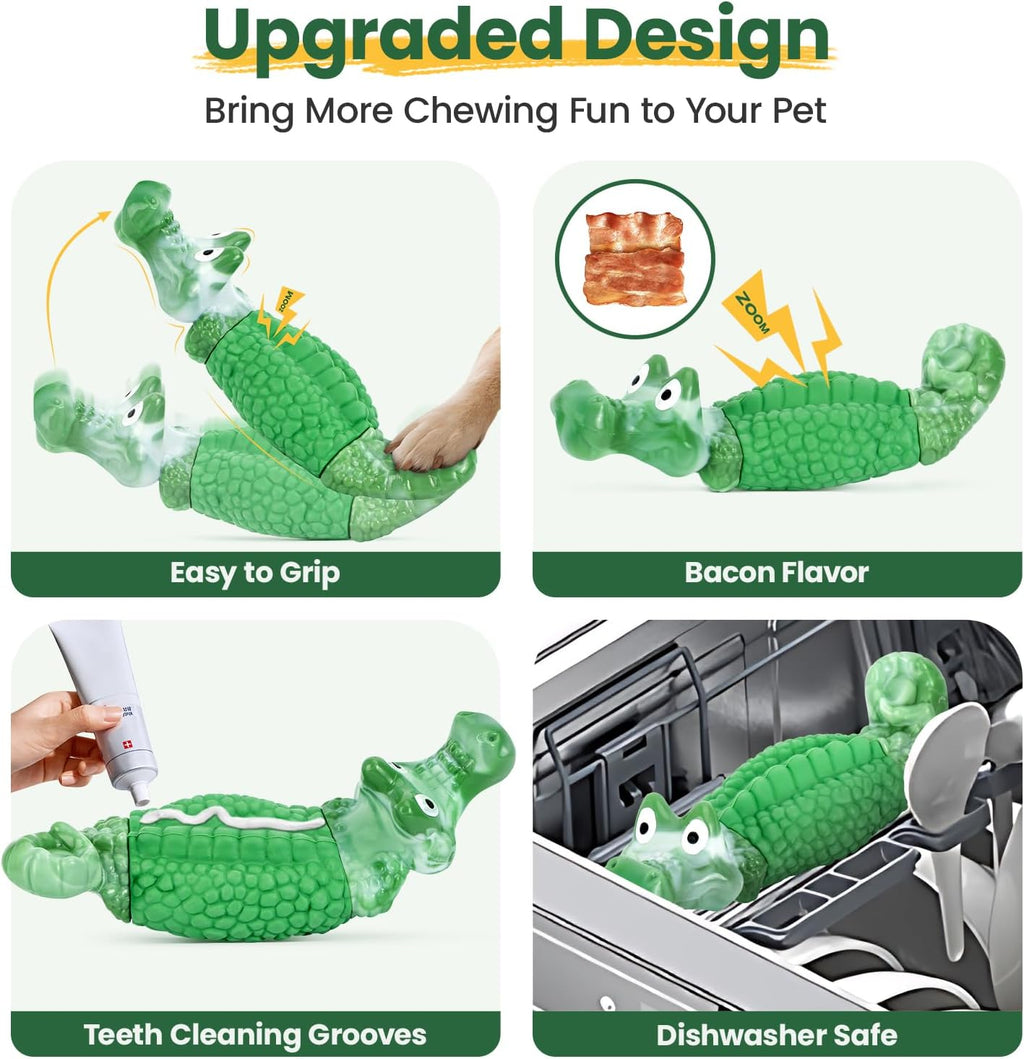 HGB Dog Toys for Aggressive Chewers, Tough Squeaky Indestructible Chew Toy | Alligator Dog Toy for Medium & Large Dogs, Hard Nylon & Natural Rubber, Teeth Cleaning, Bacon Flavor, Keeps Dogs Busy
