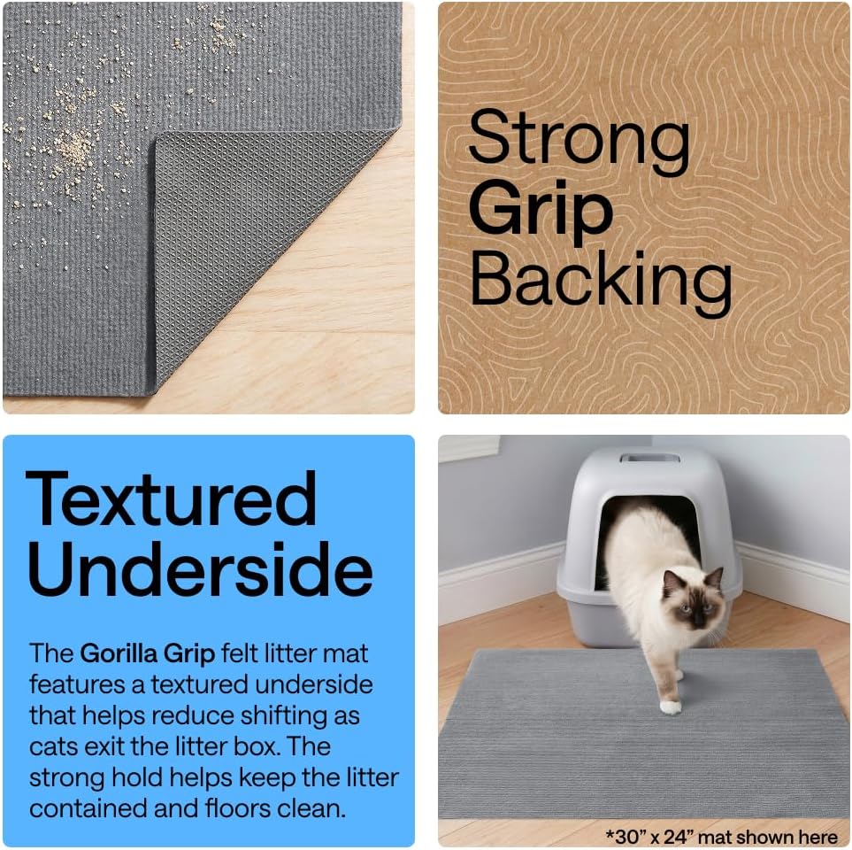 GORILLA GRIP Cat Litter Mat, Soft Felt Scatter Catcher, 24x17, Gray