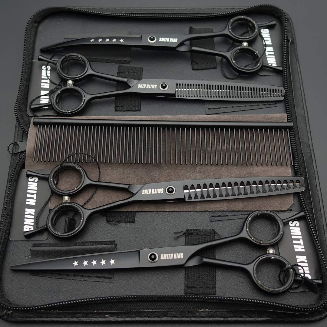 7.0 inches Professional Dog Grooming Scissors Set Straight & thinning & Curved & chunkers & comb 5pcs in 1 Set for left-handed & right handed Black