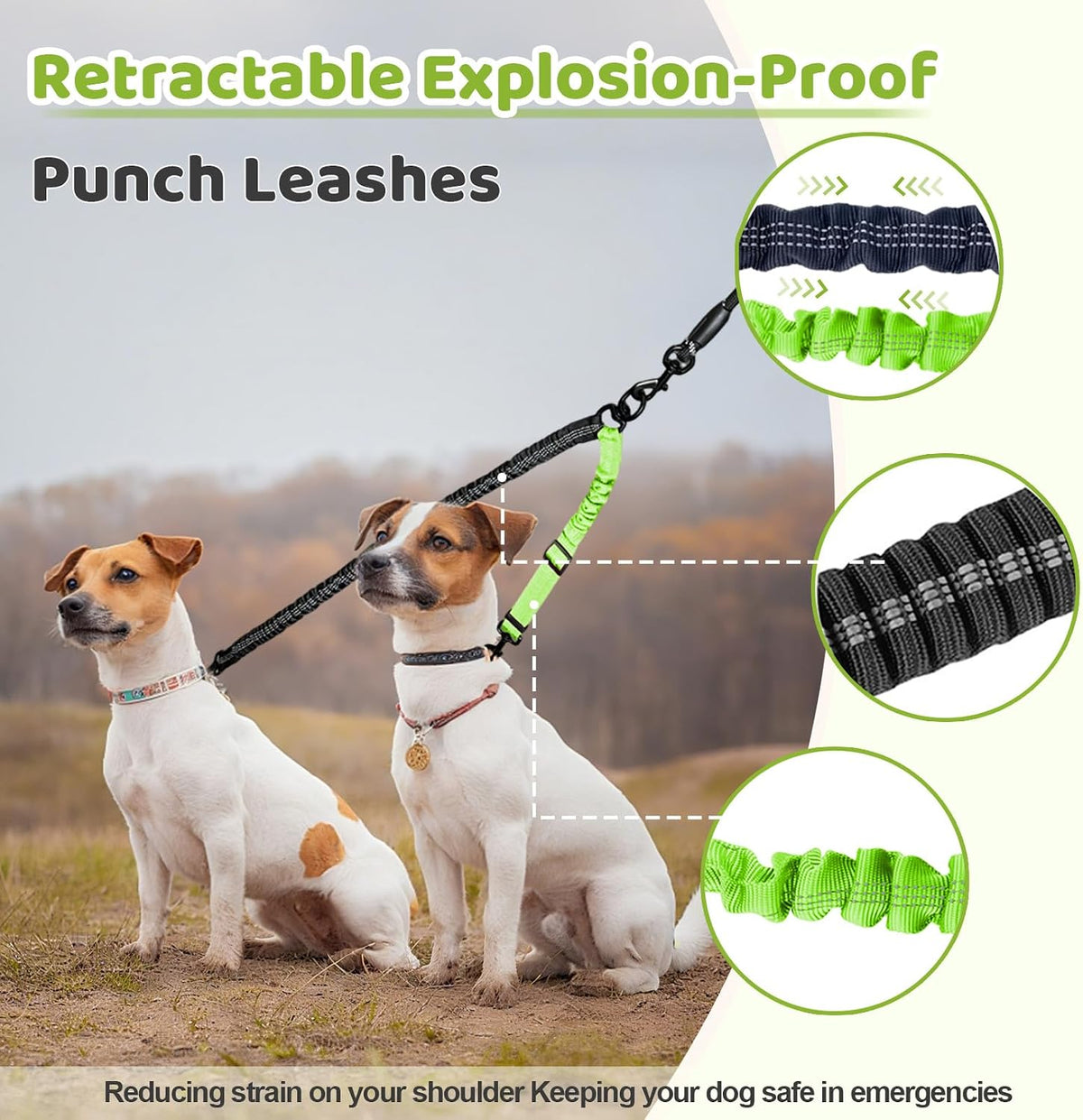 Double Dog Leash - 360°Swivel Tangle Free Splitter Attachment, 1 Rope with Handle, 2 Dogs Multi-Functional Leash, for Outdoor Walk Train Small Medium Large Two Pet, Green