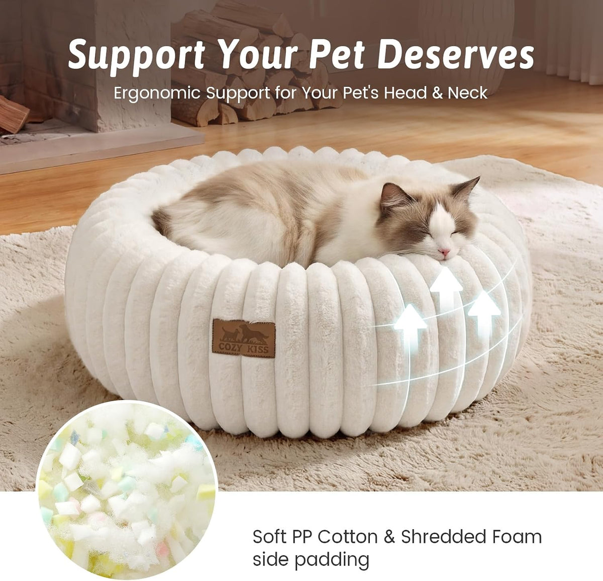 COZY KISS Calming Cat Bed, Donut Kitten Bed, Small Round Dog Bed 20in Cream