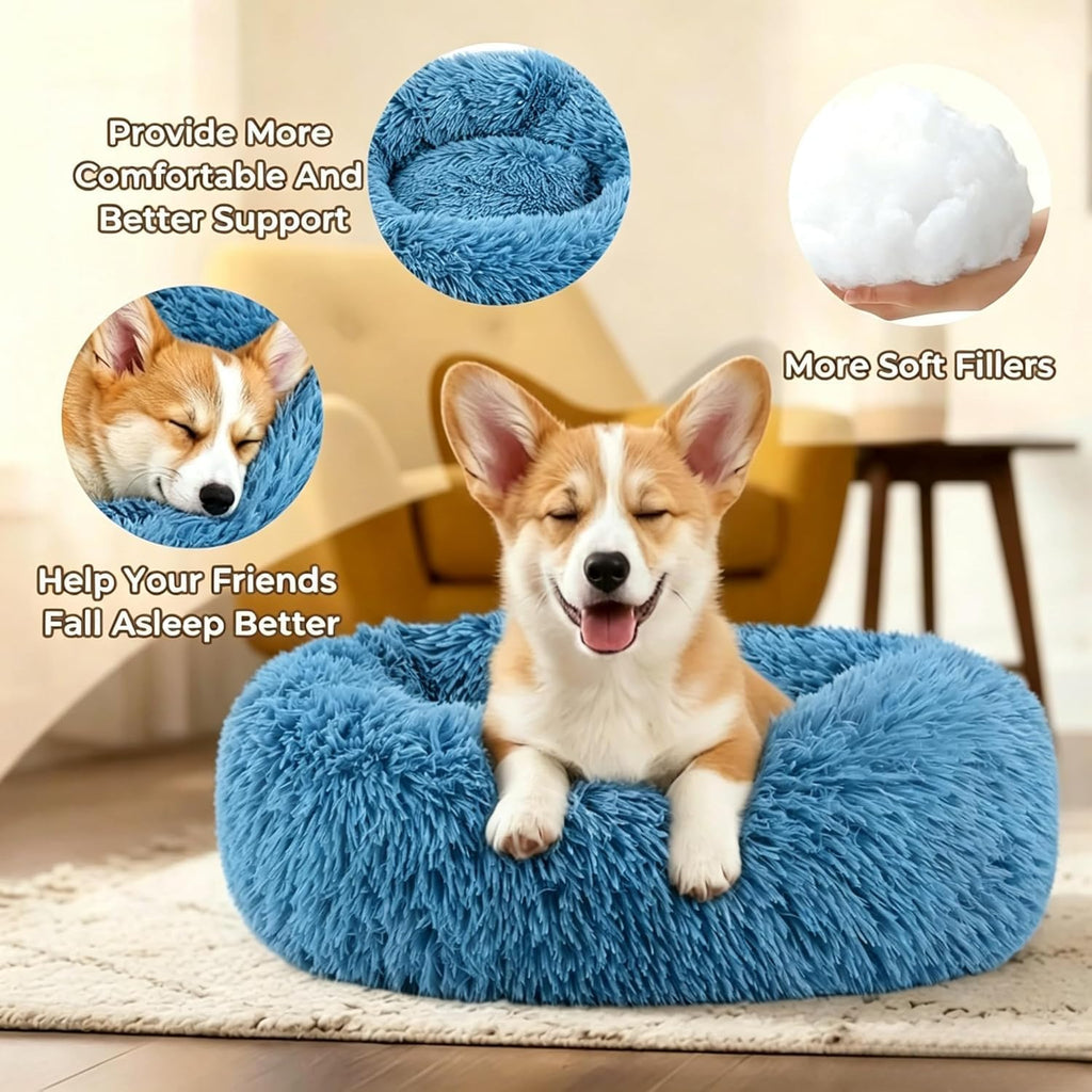 Calming Donut Dog Bed for Small Dogs, Anti-Anxiety Round Washable Plush Fluffy Faux Fur Large Cat Bed, 24 inches Fits up to 25 lbs Pets, Anti-Slip Waterproof Mute Base Blue