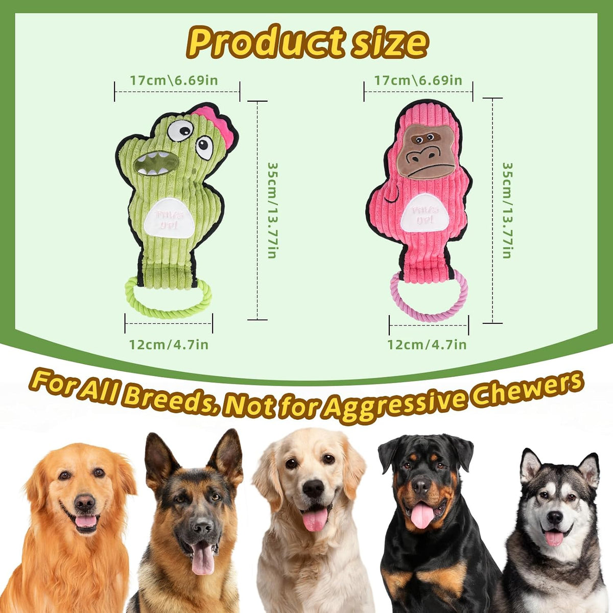 2-Pack Crinkle and Squeaky Dog Toys & Tough Tug of War Set - No Stuffing Chew-Resistant Plush Toys to Keep Them Busy, Best Birthday Gift for Small/Medium/Large Breeds (Dino & Gorilla)