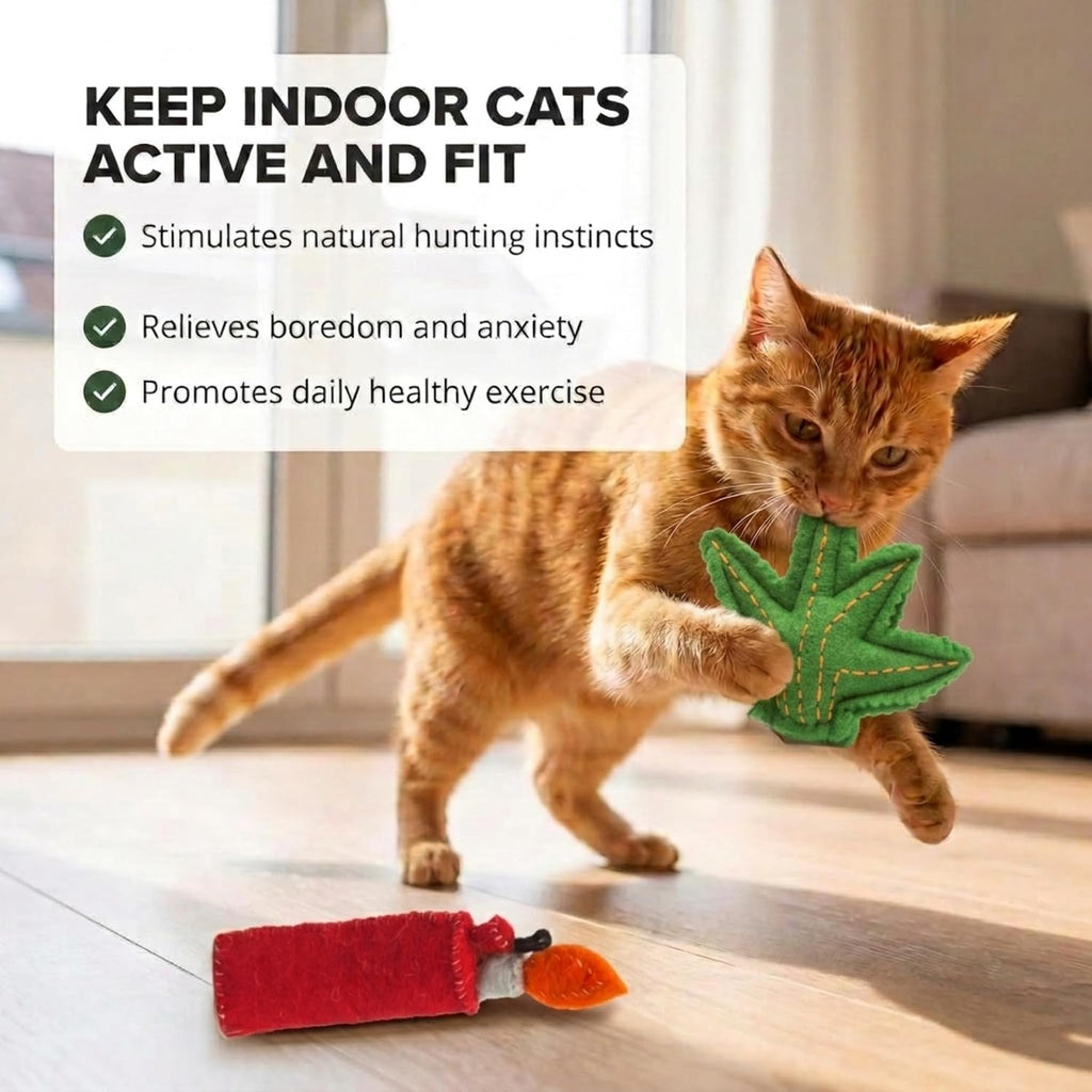 Glaciart One Catnip Joint, Leaf and Lighter Cat Toy Set, 3 Pack Handmade Wool Felt Funny Catnip Toys for Indoor Cats & Kittens, Novelty Gift for Cat Lovers