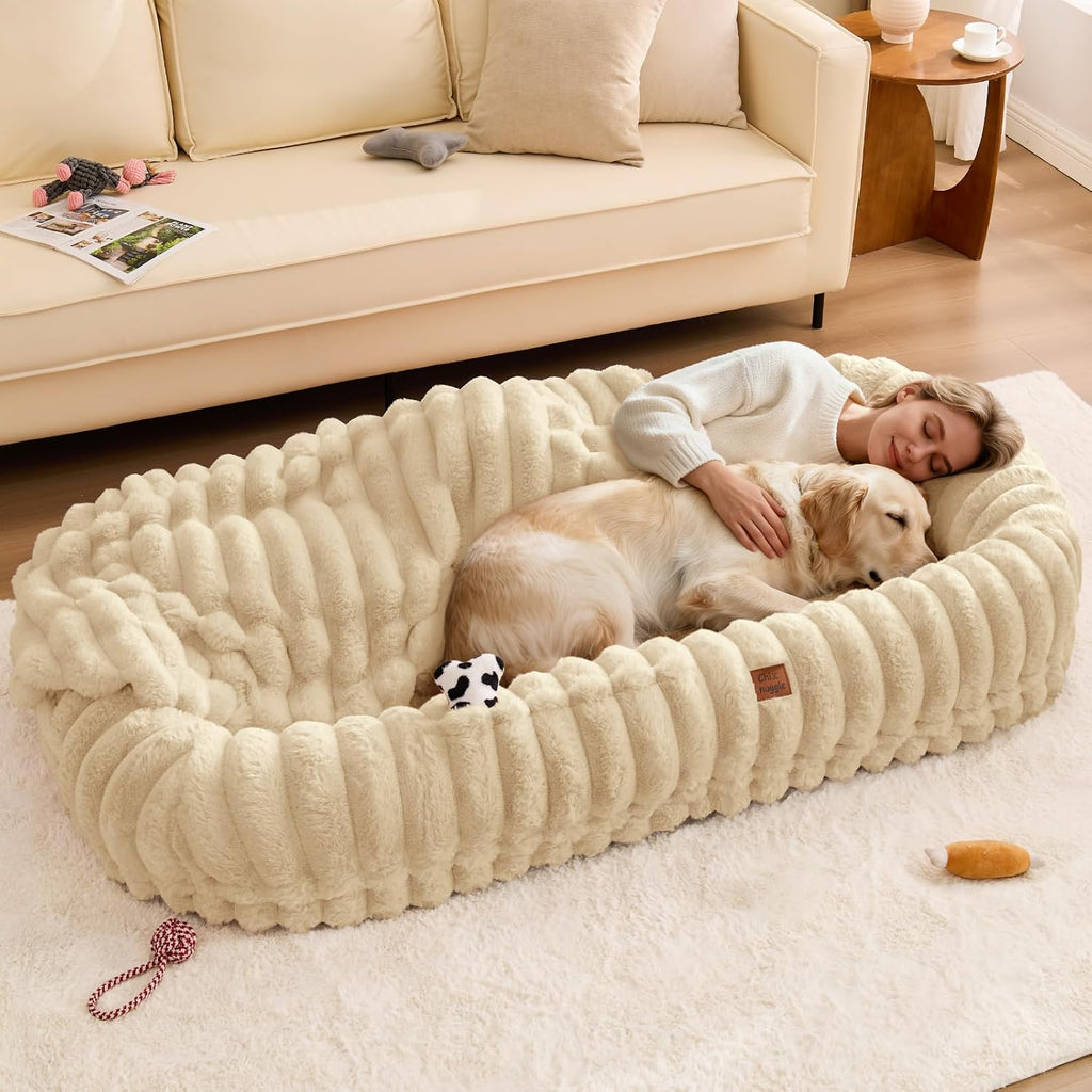 ChiXnuggle Orthopedic Human Dog Bed,Striped Faux Fur Washable Cover,Blanket