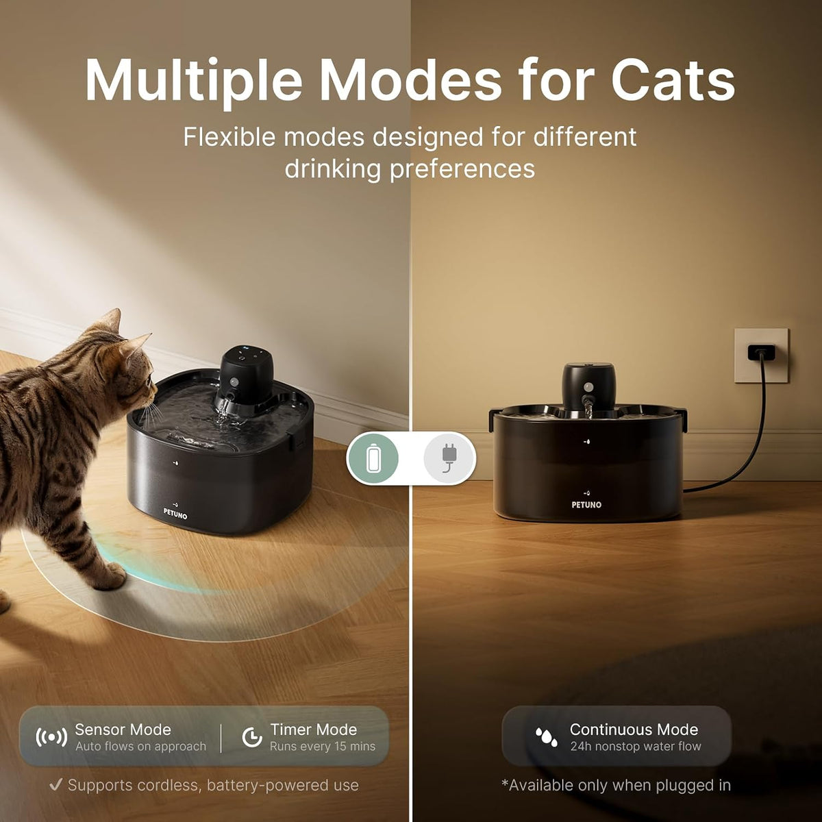 Cordless Cat Water Fountain, Battery Operated, Black, 78oz/2.3L