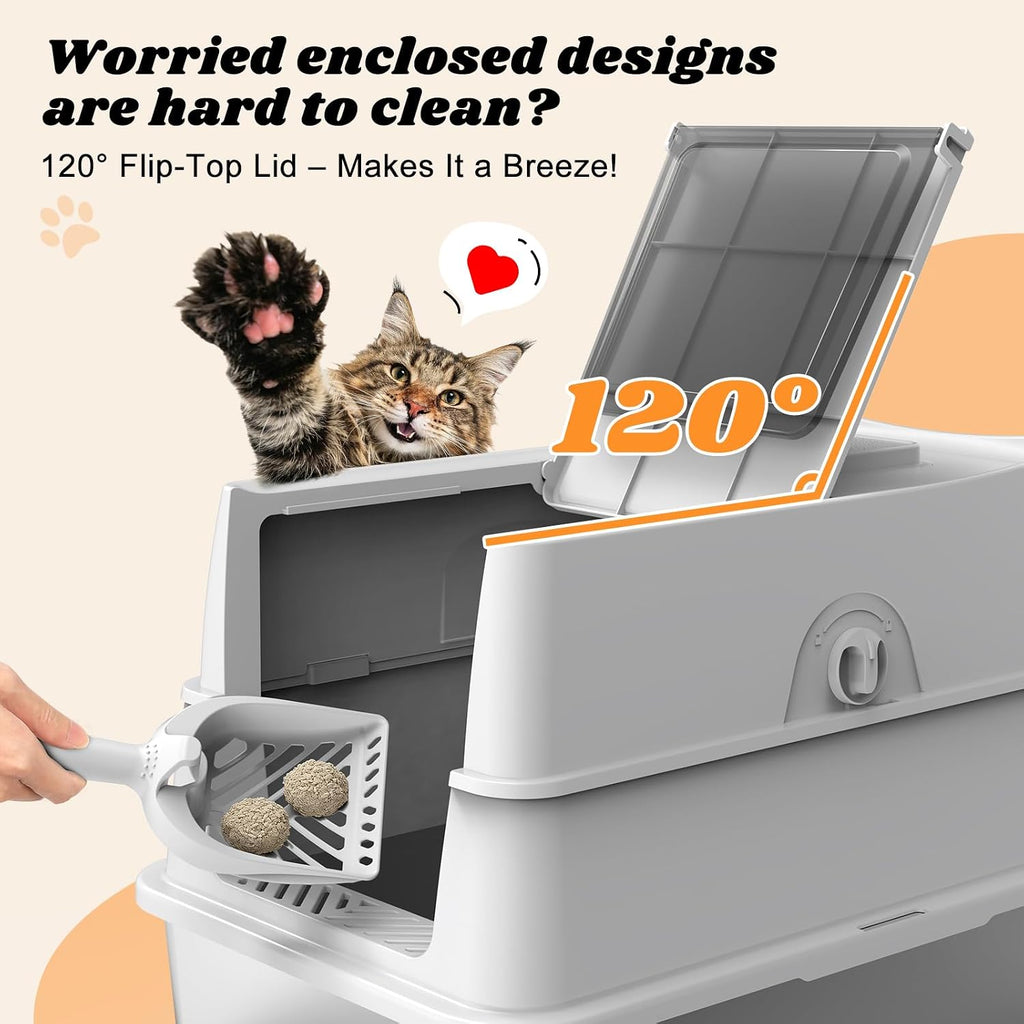 Stainless Steel Litter Box with Lid | Extra Large Enclosed Cat Litter Box | High Sided Metal Litter Boxes for Big Cats | 100% Anti-Urine Leakage | Odor‑Resistant | Non-Stick with Litter Scoop Set & Mat