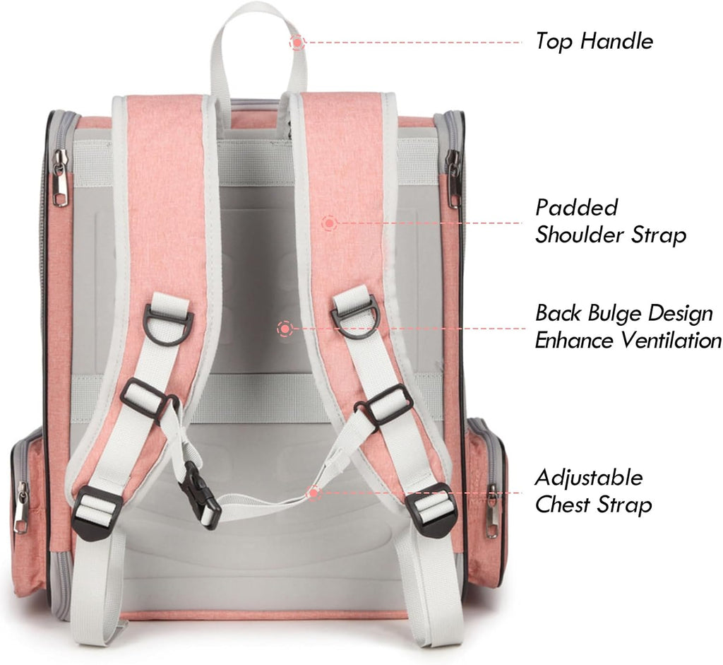 Cat Backpack Carrier, Small Dog Carrier Backpack with Fully Ventilated Mesh, Kitten Wand Feather Toy & Safety Leash, Collapsible Travel Hiking Pet Carrier for Small Dogs Cat Puppy Kitten Bunny (Pink)