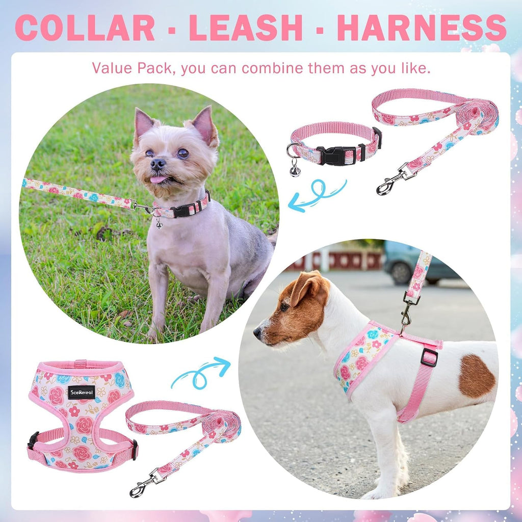 SCENEREAL Small Dog Harness and Leash Set, Flowers Pink, XS