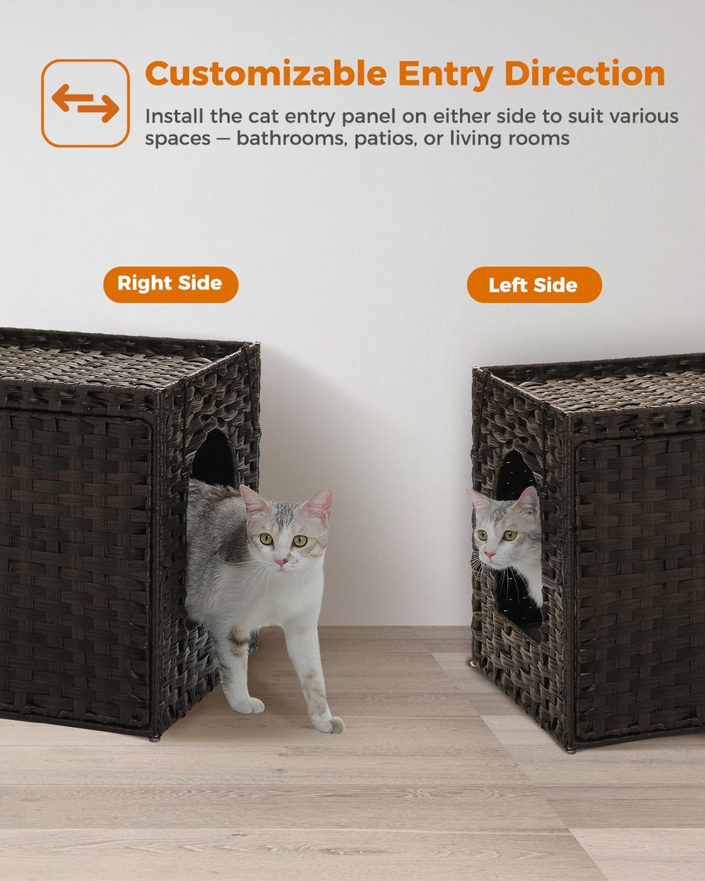 MUTTROS Rattan Cat Litter Box Enclosure - Hidden Litter Box Furniture by Handwoven Wicker with Taller Doorway & Raised Edge Mat-Cat House Cabinet for Large Cats Indoor Living Room Odor Control, Brown