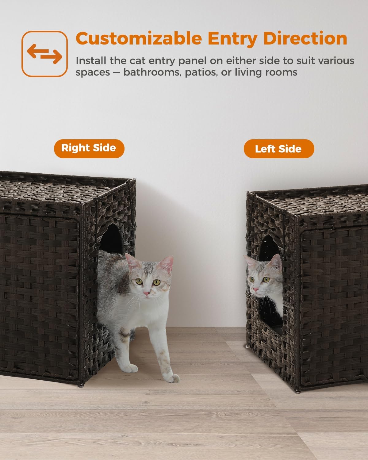 MUTTROS Rattan Cat Litter Box Enclosure - Hidden Litter Box Furniture by Handwoven Wicker with Taller Doorway & Raised Edge Mat-Cat House Cabinet for Large Cats Indoor Living Room Odor Control, Brown