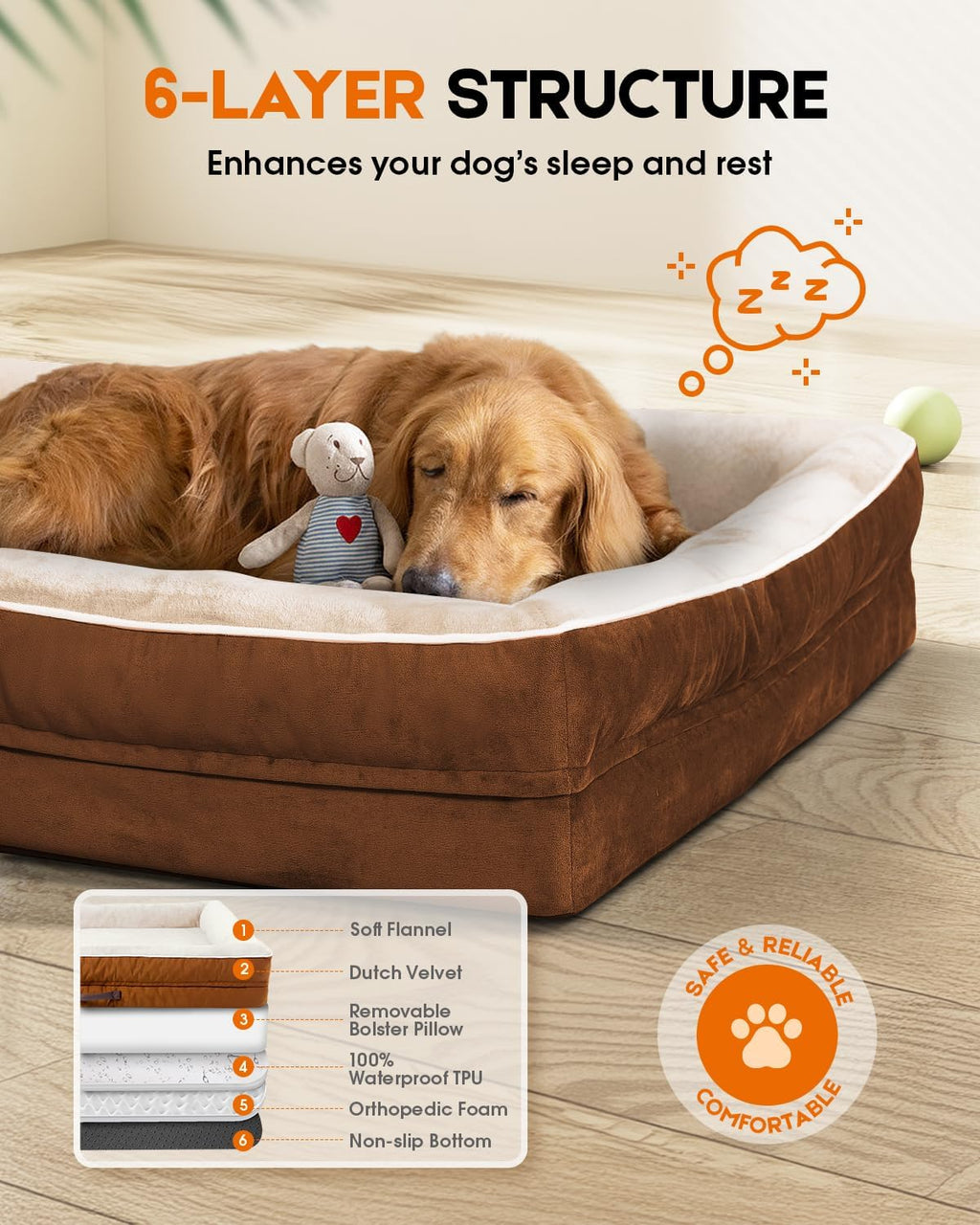 Upvilla Orthopedic Dog Bed XXL, Four-Sided Dog Sofa, Washable Cover, Brown