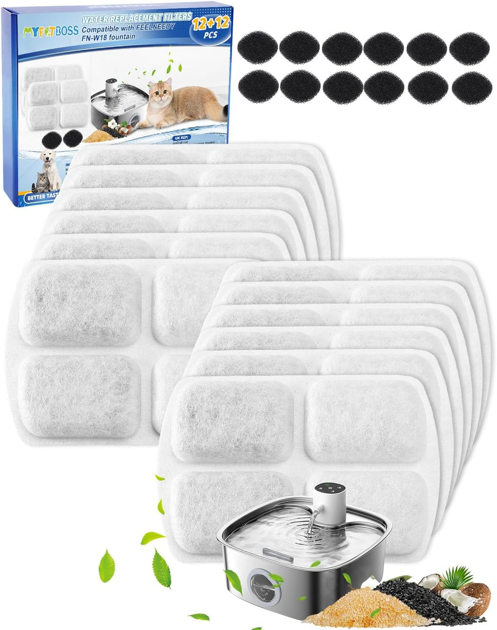 12+12 Pack Filter Replacement Compatible with FEELNEEDY 8L Dog Water Fountain FN-W18, Water Fountain Filters, Dog Water Replacement Filters, Pet Fountain Filters with Pump Sponges for Pet