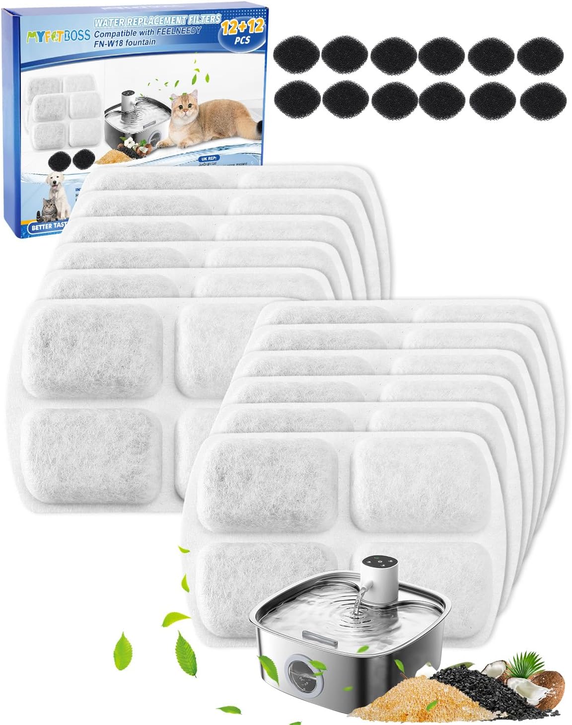 12+12 Pack Filter Replacement Compatible with FEELNEEDY 8L Dog Water Fountain FN-W18, Water Fountain Filters, Dog Water Replacement Filters, Pet Fountain Filters with Pump Sponges for Pet