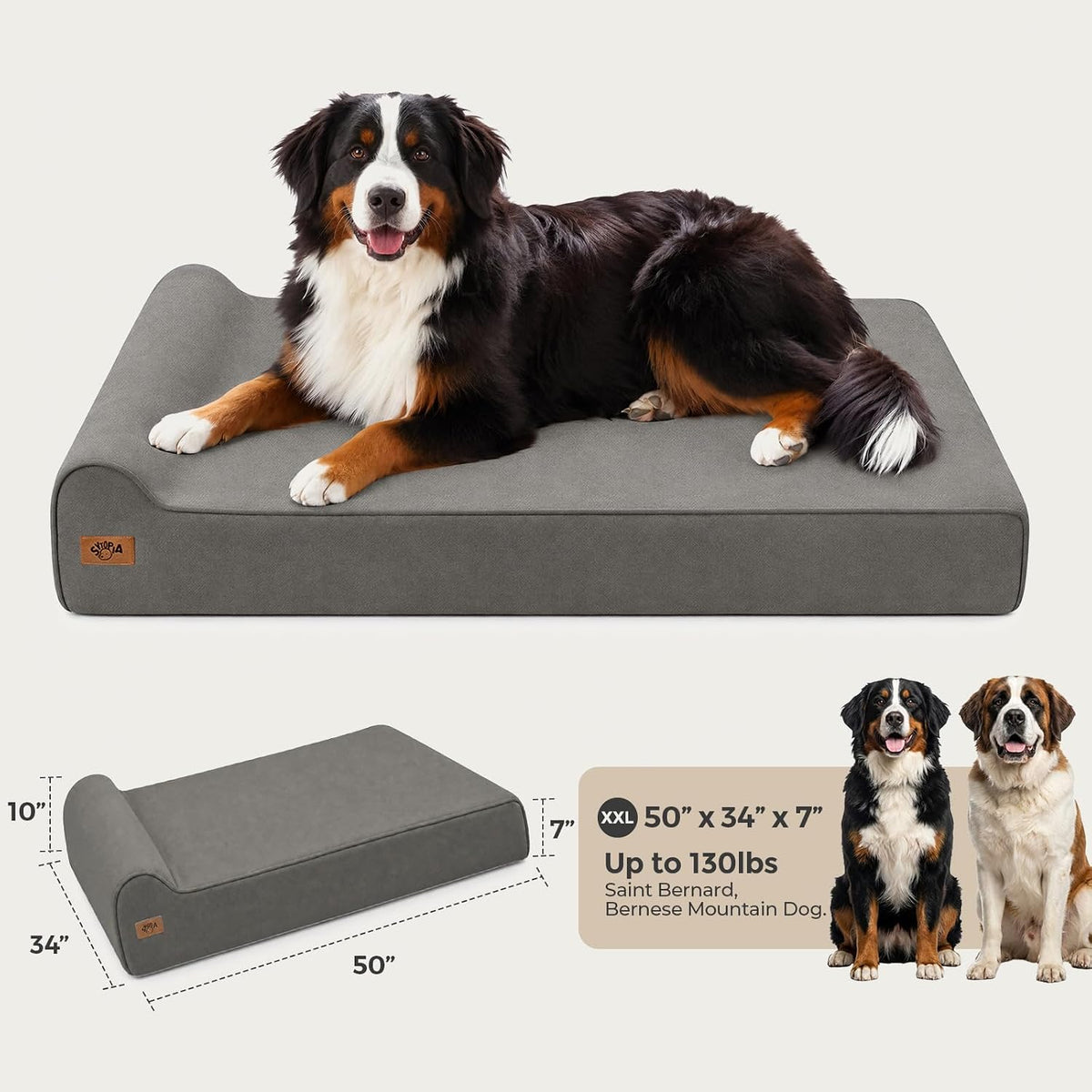 Sytopia XXL 35D Memory Foam Dog Bed for Extra Large Dogs – 7" Thick Orthopedic Pet Couch for Seniors and Big Breeds up to 150 Pounds, with Waterproof Liner & Washable Cover, 50"x 34"x 7", Dark Grey