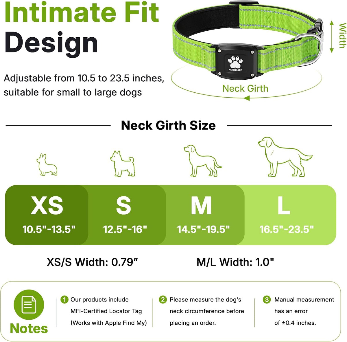 GPS Dog Collar with Tracker, Waterproof, No Monthly Fee, Green, M