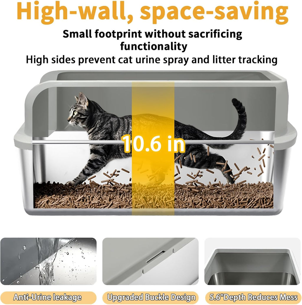 Stainless Steel Cat Litter Box, 2-Piece XL Enclosed Litter Box, Anti-Splash & Leak-Proof Metal Litter Box, Safe Arc Edge Odor Control Design with Scoop for Indoor Multi-Cat Use