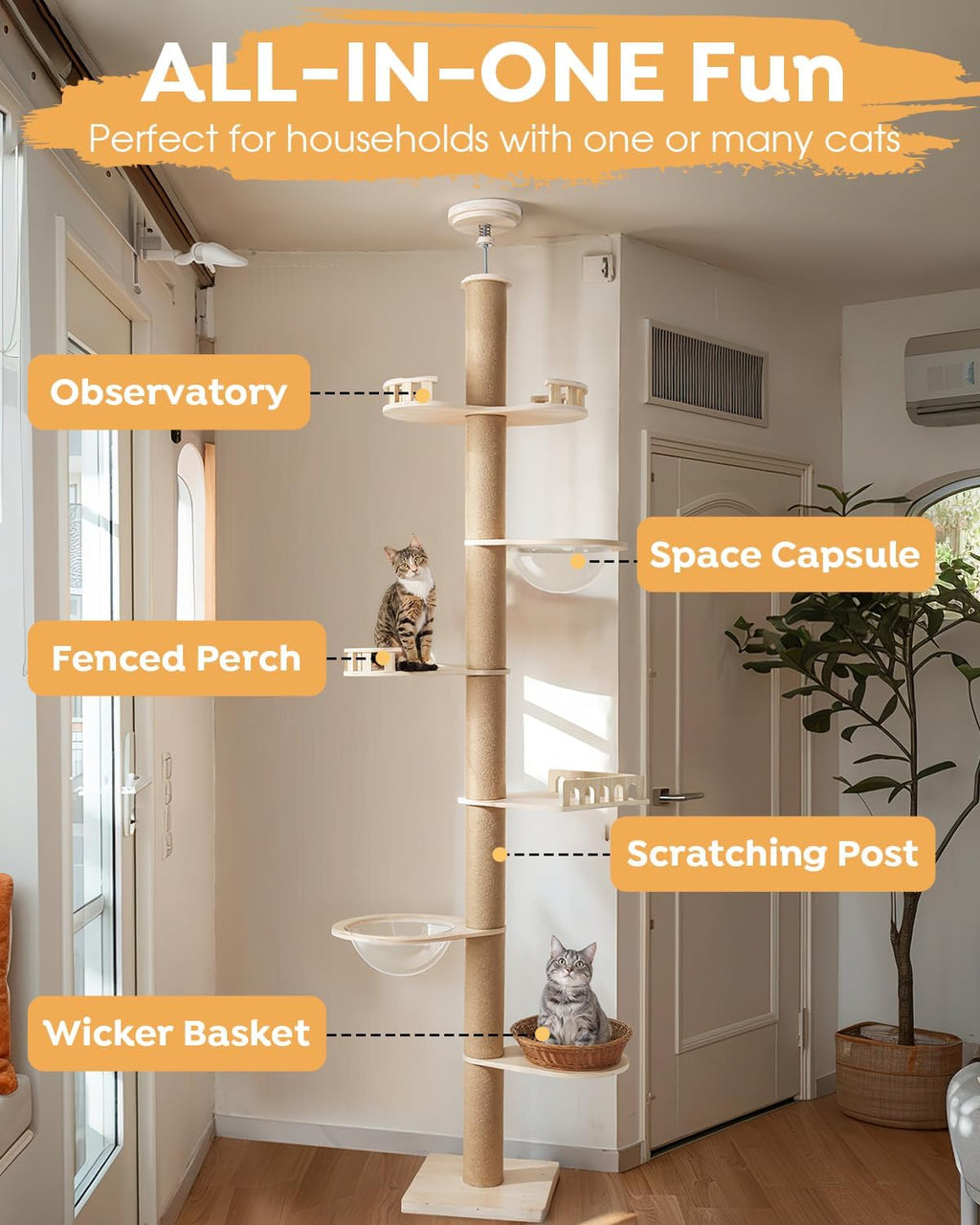 Veehoo Floor to Ceiling Cat Tree,102-122" Adjustable Tall Tension Cat Tower