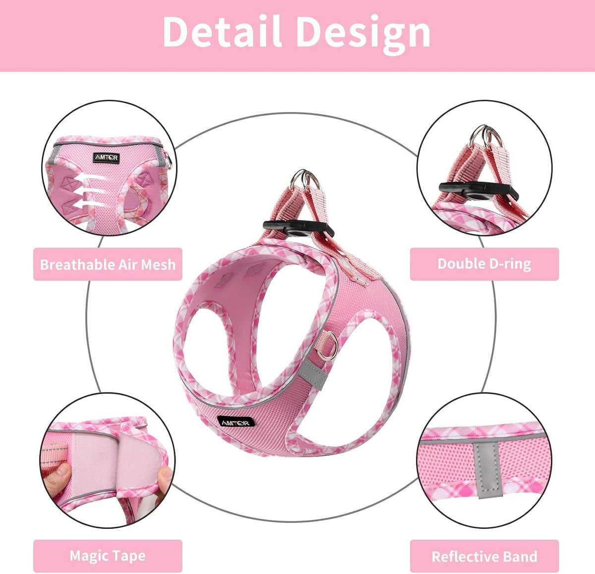 AMTOR Small Dog Harness with Leash Set, No Escape Easy Walk Puppy Harnesses for Training Walking, Step-in Reflective Soft Dogs Vest for XS S Medium Extra-Small Large Sized Dog(Pink/White,XL)