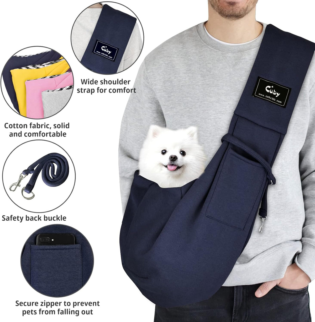 CUBY Dog and Cat Sling Carrier - Hands Free Reversible Small Pet Sling Carrier Bag - Soft Pouch and Tote Design - Suitable for Puppy, Small Dogs Cats Outdoor Travel(Classic Blue)