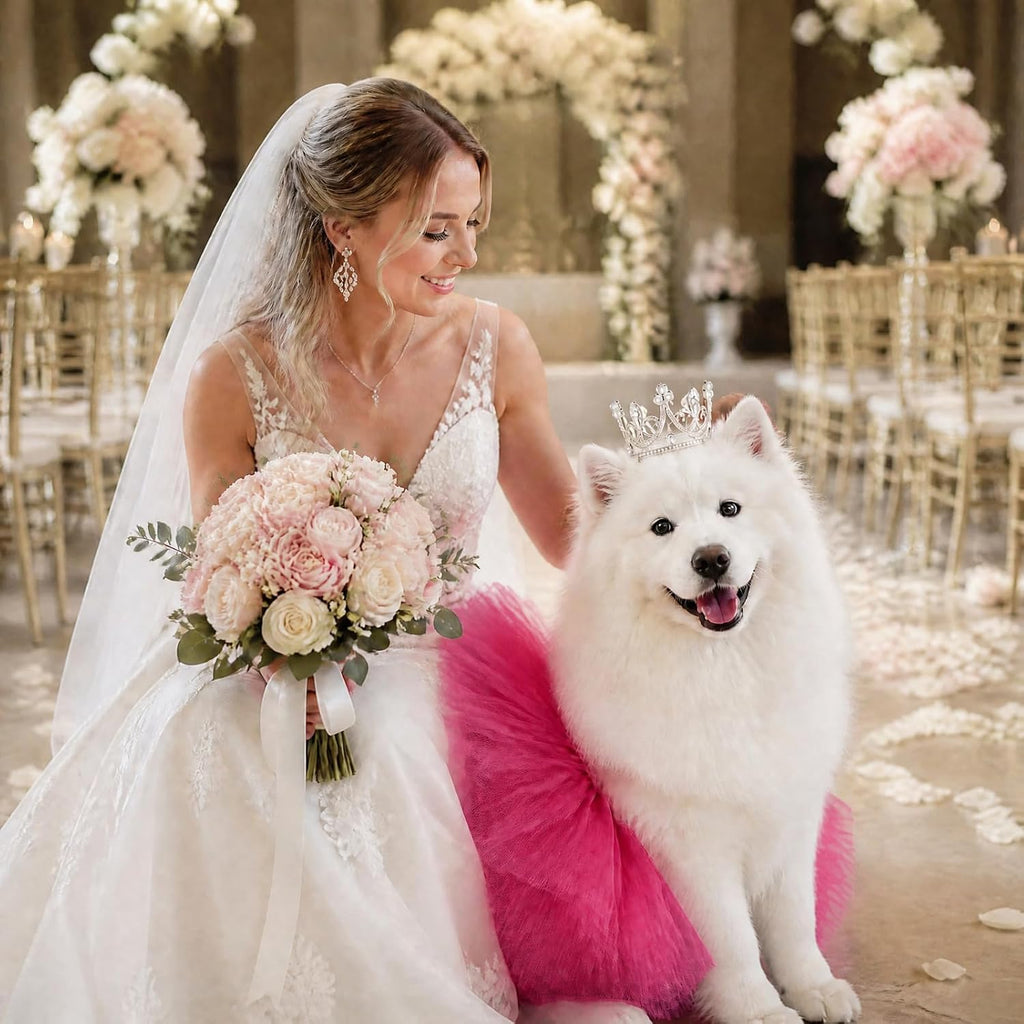 Pet Costume Set Tutu Skirt with Pearl Crown for Small Dog Cat Halloween Birthday Wedding Photo Prop Costume (Rose Red)