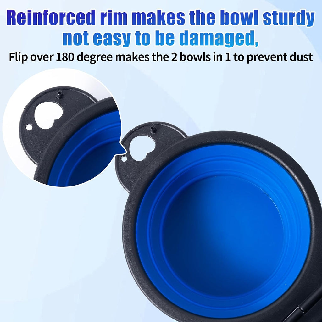 SLSON Collapsible Dog Dual Bowls Reinforced Rim 180 Degrees Flip Over Foldable Double Bowl with Lock Clips More Stable Dog Travel Bowls Pet Food Water Feeder (Blue)