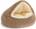 ShinHye Round Plush Fluffy Hooded Cat Bed Cave, Cozy for Indoor Cats or Small Dogs, Waterproof Bottom, Washable（23 in）