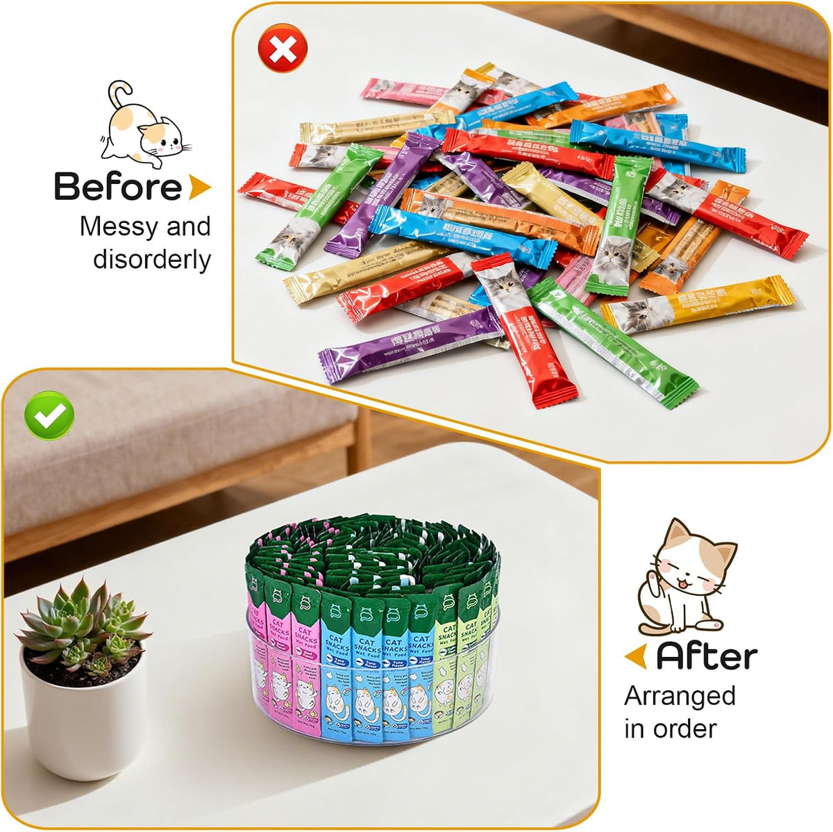 Lickable Cat Treats Organizer, 9 inches Lazy Susan Acrylic Squeeze Up Cat Food Storage Container, Wet Cat Treats Storage for Kitchen Cabinet Pantry Shelf Countertop