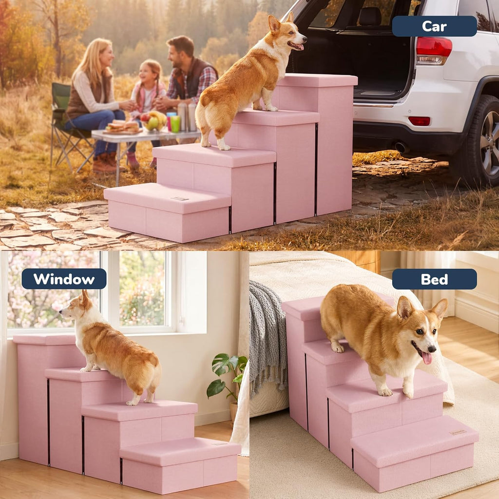 4-Step Wide Dog Stairs with Storage 23" H, Non-Slip Sturdy Pet Steps for High Bed Couch Window, Pet Stairs for Small/Medium/Large Old Dogs Cats Up to 220lbs, Cat Dog Steps for Car/SUV, Pink