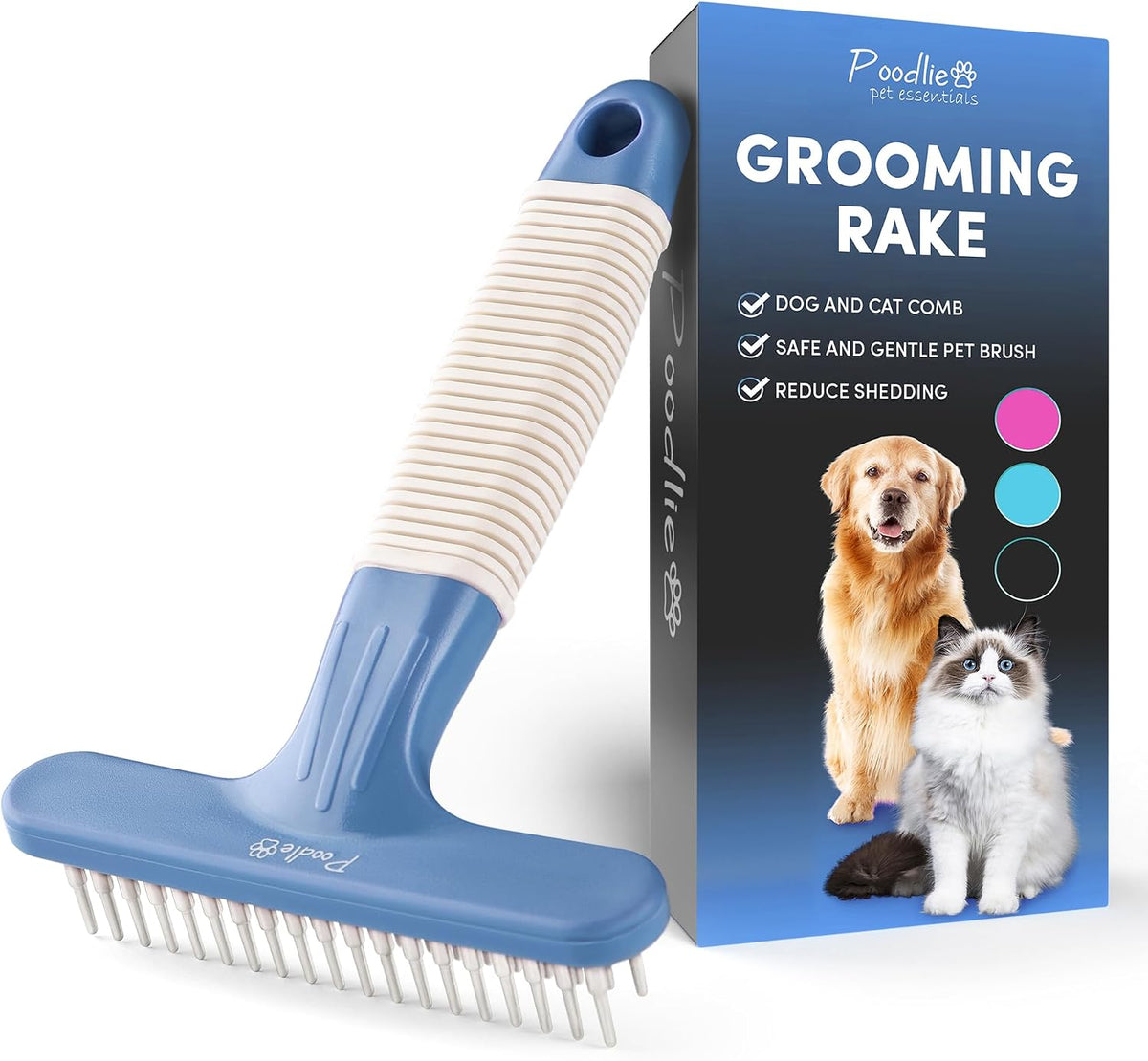 POODLIE Poodle Pet Dog Grooming Rake | Dematting Tool with Stainless Steel Shedding Comb for Pets | 2 Rows of Pins Gently Remove Loose or Tangled Hair from Undercoat (Blue)