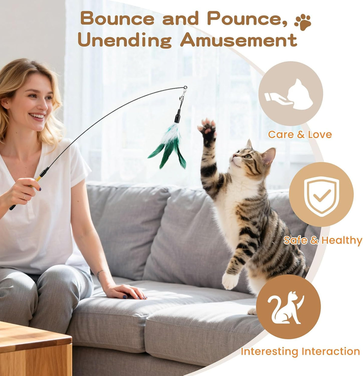 Pawaboo Cat Feather Wand Interactive Toy, 10 Feathers + 1 Wand with Bell | Cat Feather Teaser Toys Flying Catcher Extra Long 34.5" Wand Exerciser Playing Cat Toy Wands for Kitten, Multi-Color Blend