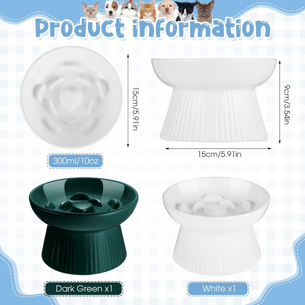 Tioncy 2 Pcs Ceramic Elevated Slow Feeder Cat Bowl, Dark Green, White