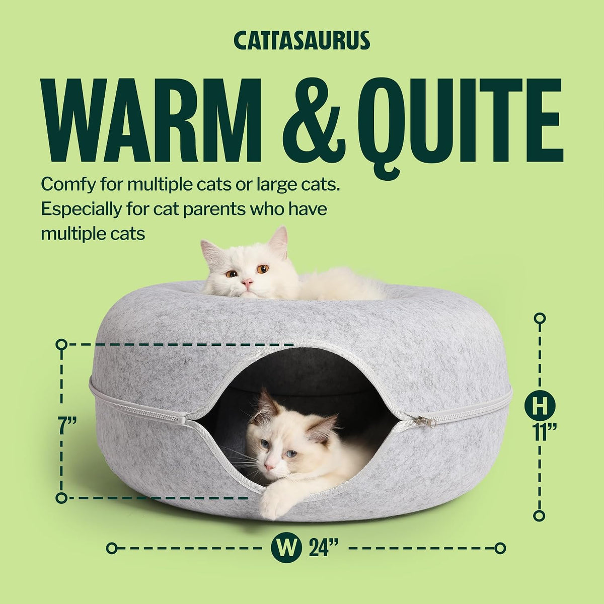 Cattasaurus Peekaboo Cat Cave Donut for Multiple & Large Cats up to 30-45 lbs, 3-in-1 Self Warming Cat Bed, Tunnel & Scratcher for Indoor Cats, Washable & Detachable (Light Gray + Dark Gray, Large)