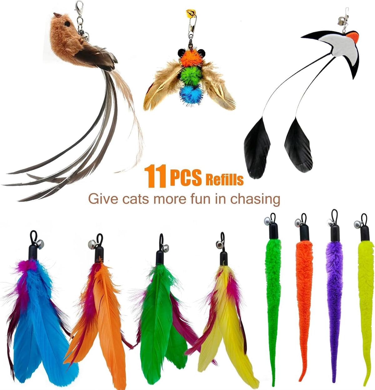 miwoowim Interactive Cat Wand Toy Set, 2 Telescopic Rods & 11 Attachments | Teaser refills for indoor cats,2 retractable fishing poles with worm,bird & feather toys replacement. Durable cat string toy