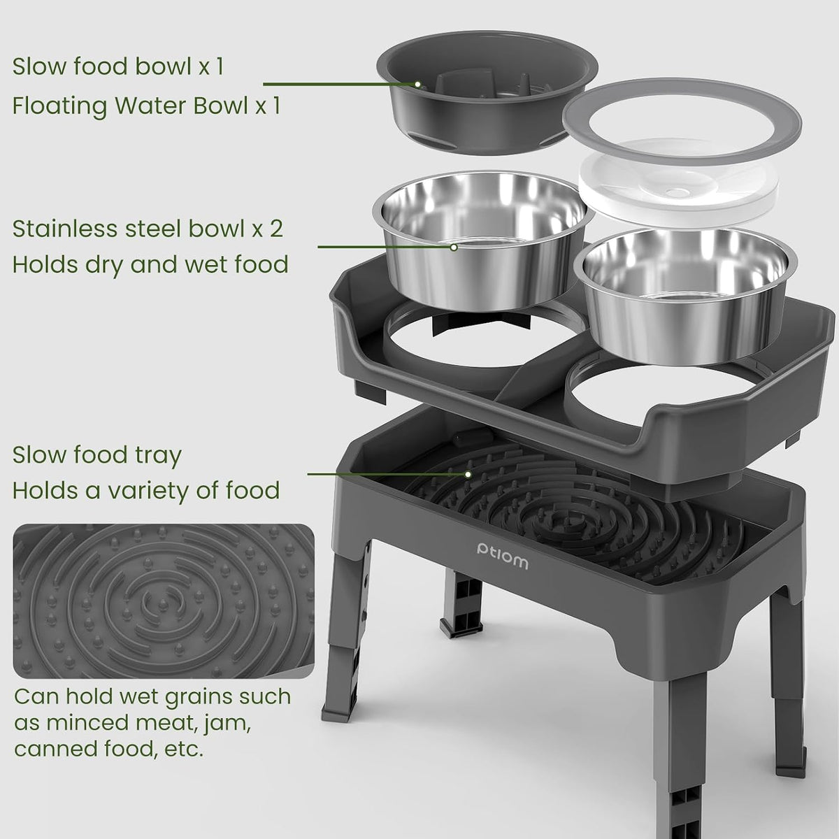 4-in-1 Elevated Slow Feeder Dog Bowls, 4 Height Adjustable Mess Proof Raised Dog Bowl Stand with No Spill Dog Water Bowl, Stainless Steel Dog Food Bowl & Slow Feeder for Large Medium Small Dogs Pets
