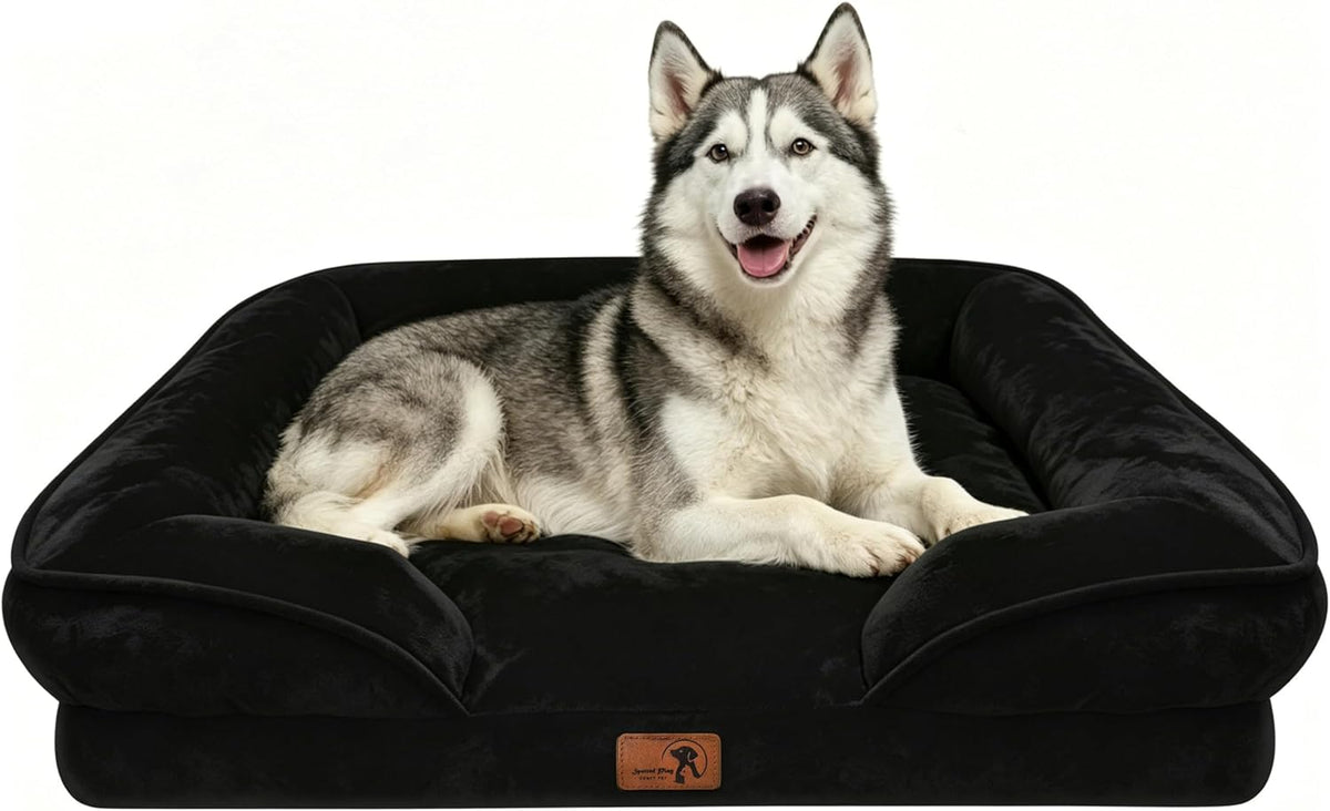 Spotted Play Orthopedic Dog Bed with Sides - Sofa Beds for Large Dogs, Supportive Foam Pet Couch Bed with Washable Removable Cover, Waterproof Lining and Non-Slip Bottom, Black - L-Plus
