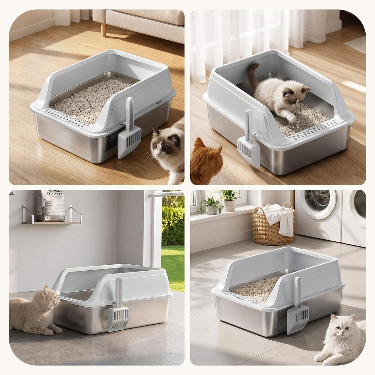 FURTIME Stainless Steel Cat Litter Box with Lid 2Pcs, Enclosed Litter Boxes