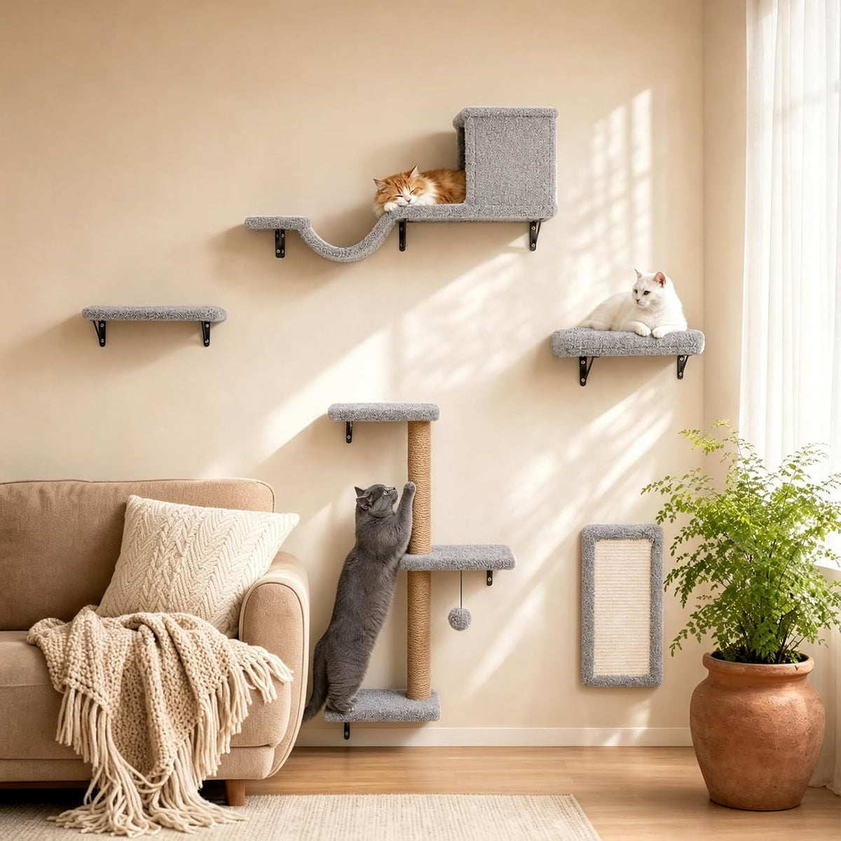 6-in-1 Cat Wall Shelves for Indoor Cats, Wall Mounted Cat Furniture