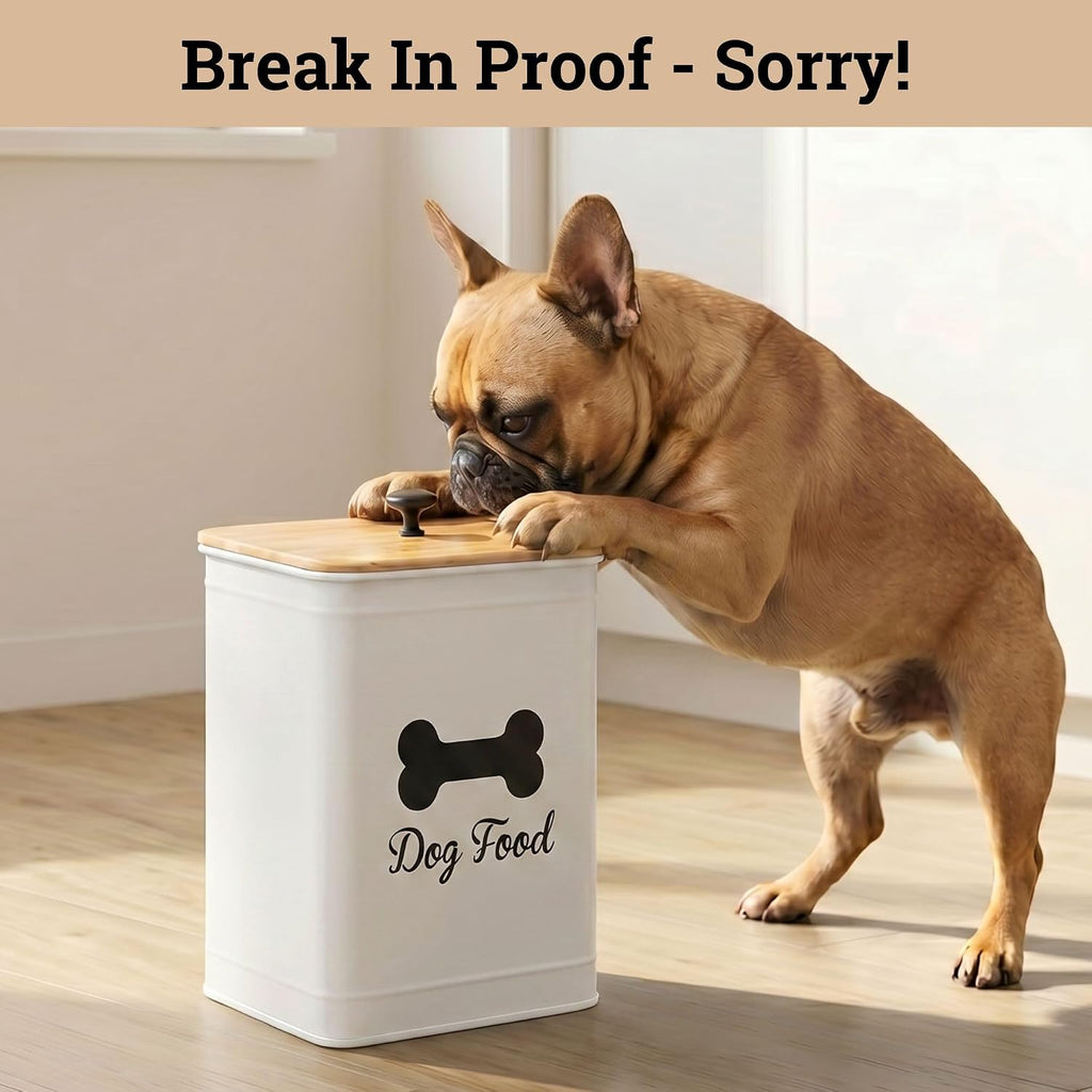 Metal Dog Food Container 5-7lb, 25 Cup w/ Airtight Bamboo Lid, Metal Handle