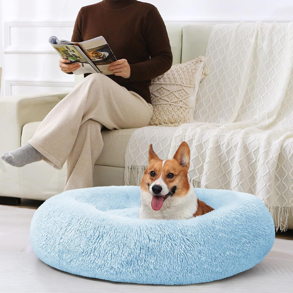 JOLLYVOGUE Dog & Cat Bed, Calming Anti-Anxiety Pet Bed for Small Dogs, Fluffy Donut Cushion for Small and Medium Pets (20")