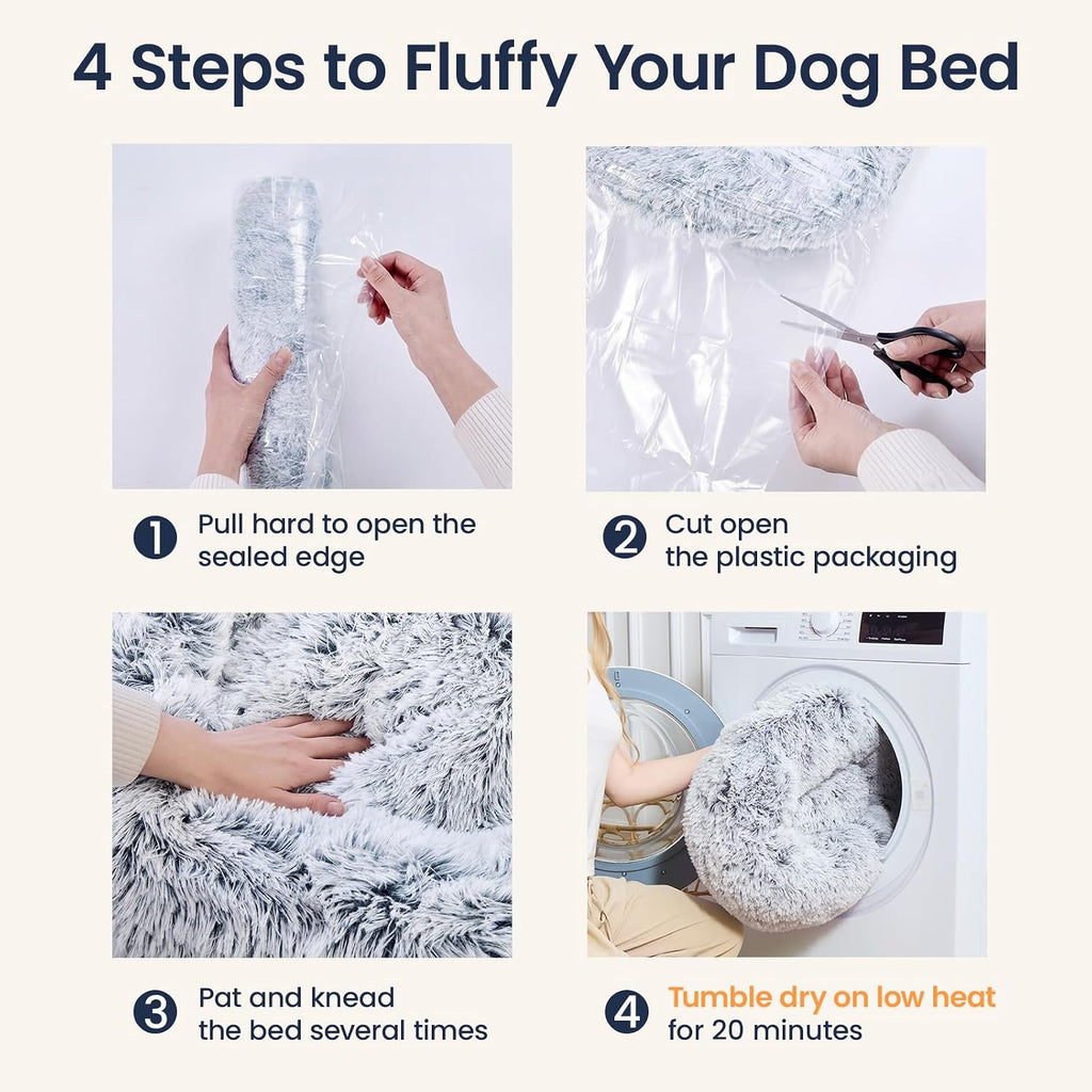 JOLLYVOGUE Calming Dog Beds Extra Large Sized Dog, 45in Donut Washable Large Pet Bed, Anti-Slip & Anti-Anxiety Fluffy Faux Fur Round Dogs Bed, Fits up to 125 lbs Pets (Smoke Grey)