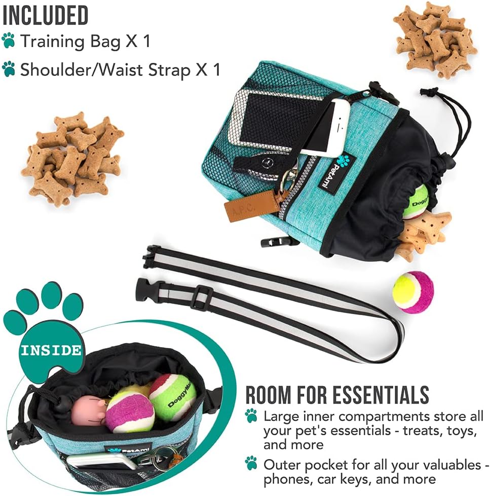 PetAmi Hands Free Dog Treat Pouch for Training and Walking, Teal Sea Blue